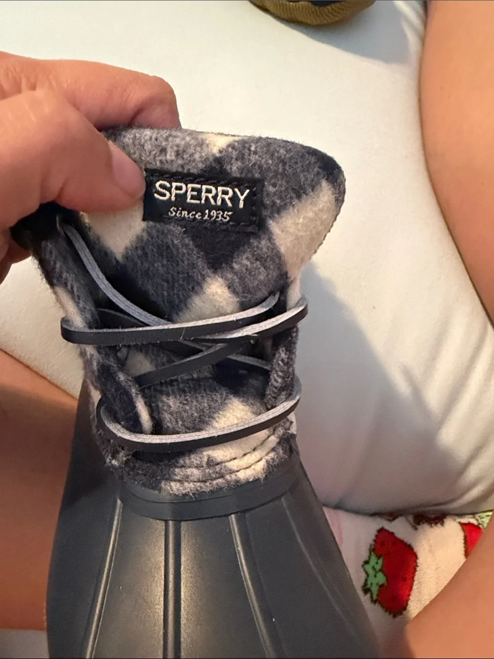Sperry Navy and White Plaid Duck Boots - Kids